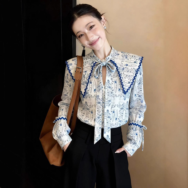 Korean-Style Light Luxury Vibe Printed Tie-Neck Long-Sleeve Women's Top, New for Spring 2026, Age-Reducing and Super Stylish Korean-Style Light Luxury Vibe Printed Tie-Neck Long-Sleeve Women's Top, New for Spring 2026, Age-Reducing and Super Stylish