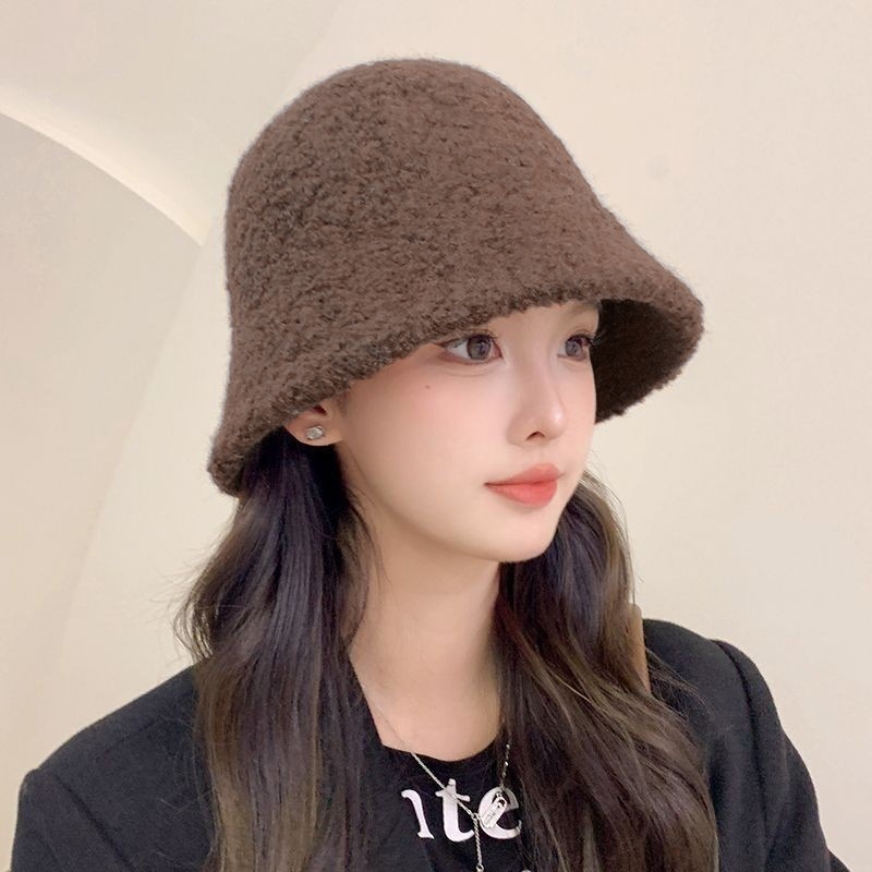 羊羔毛水桶帽女新款日系显脸小渔夫帽纯色时尚韩系百搭盆帽高级感|undefined