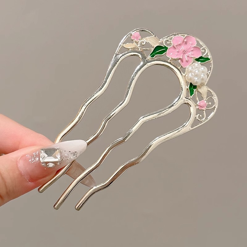 Perla temperamento disco de cabeza detrás de cuatro dientes peine nuevo estilo chino en forma de U pinzas de cabello 2024 nuevo tocado de gama alta