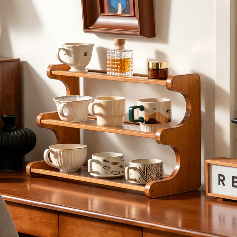 Desktop Storage Rack Office Computer Table Multi-layer Storage Foldable Solid Wood Display Rack Table Water Cup Shelf