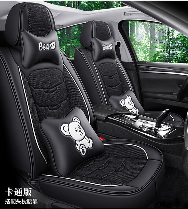 New Leather and Hemp Car Seat Cushion Foreign Trade Wholesale All-Inclusive Four-Season Universal Cartoon Car Seat Cover Linen Breathable Car Cushion