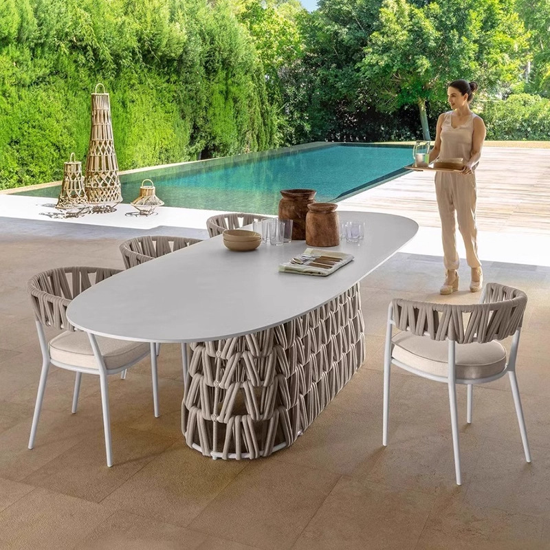 Mesa y silla de ocio al aire libre de alta gama Jardín Villa Hotel Restaurante al aire libre Arte tejido impermeable Combinación de protección solar