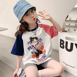Cotton T-shirt, children's trend long summer clothing for leisure, western style, oversize, mid-length, for teenagers
