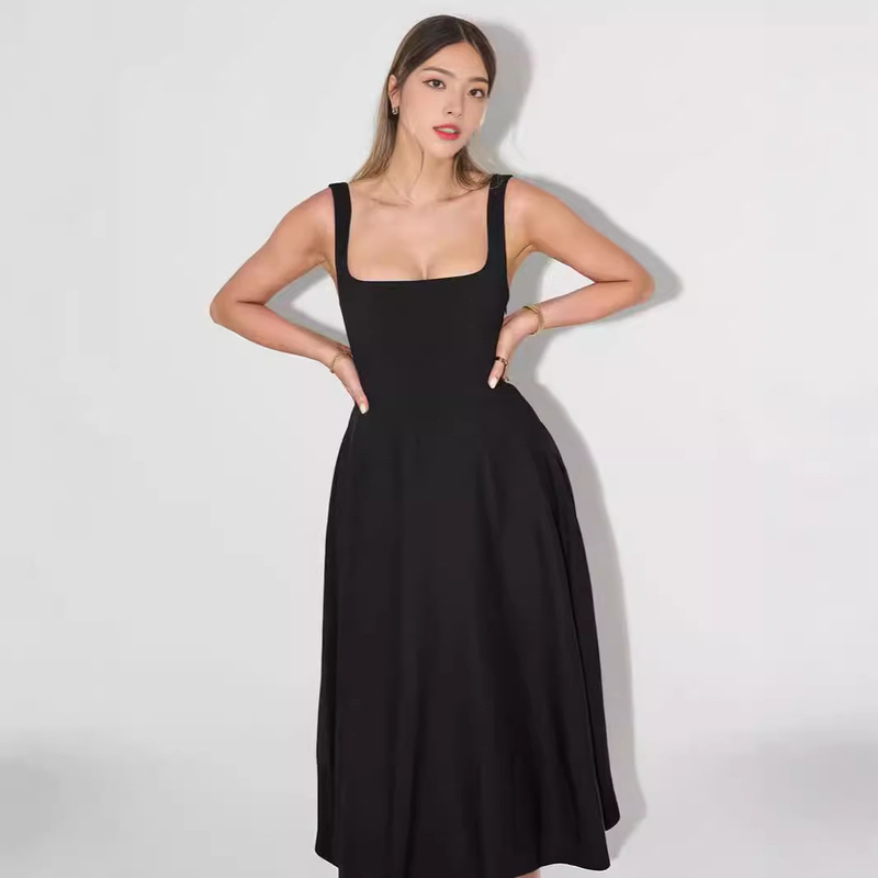 2024 Summer European and American Amazon Cross-Border Foreign Trade New Simple and Sexy Solid Color Shoulder Strap Slim Midi Dress