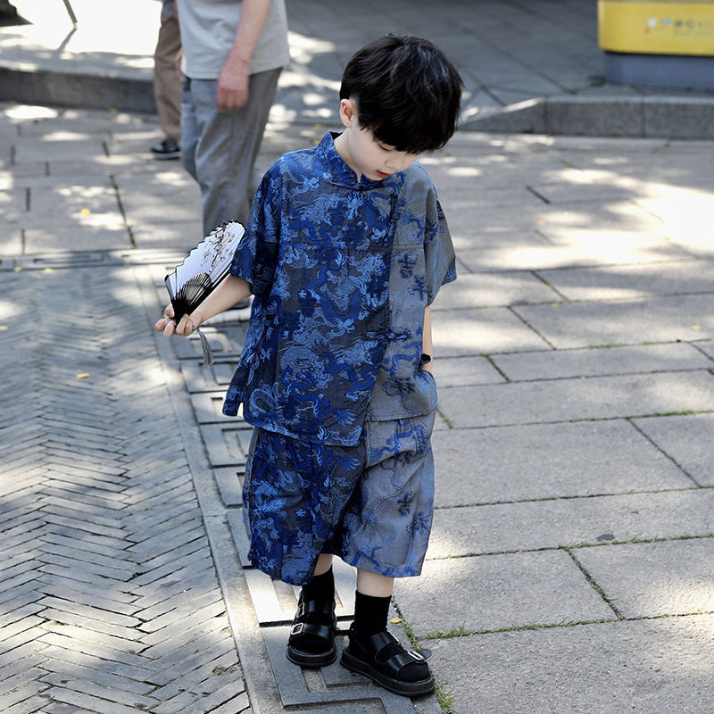Summer New Children's Patchwork Dragon Pattern New Chinese Style National Style Set Hanfu for Boys New Chinese Style Ancient Style Clothing