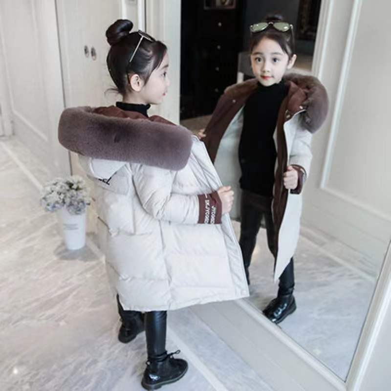 2025年冬新作 女の子用コットンコート 韓国風 中高生向け ロング丈 厚手 大きなファー襟 大きなポケット付きコットンコート|undefined