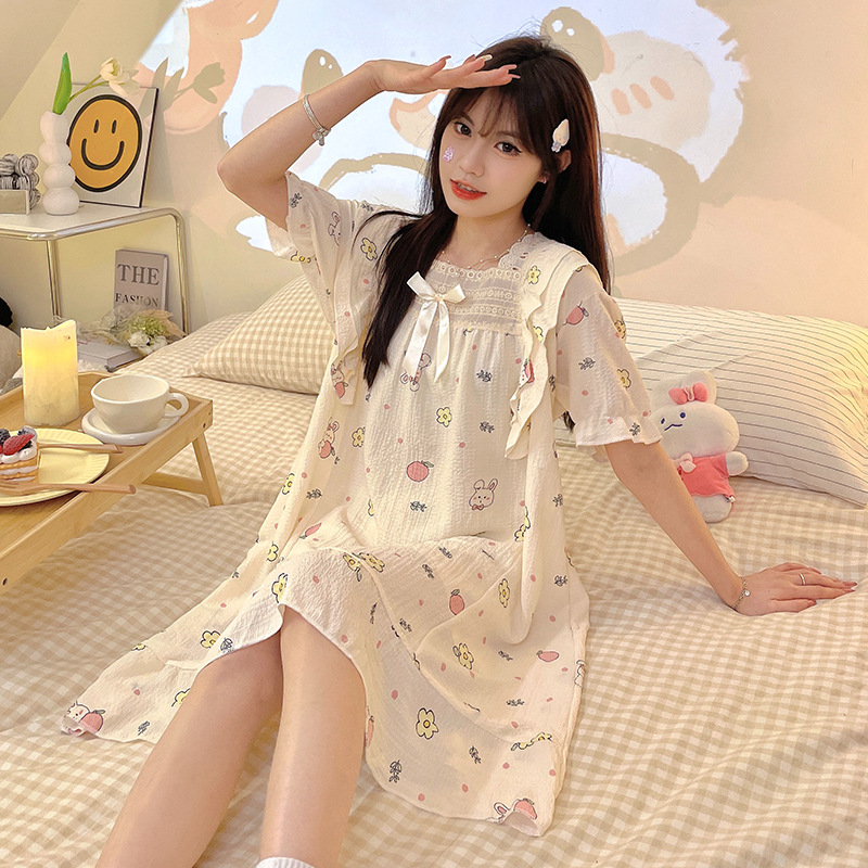 Pijama de mujer de verano tejido espuma tejida tela arrugada pijama de mangas cortas princesa vestido de viento suelto vestido de casa de verano