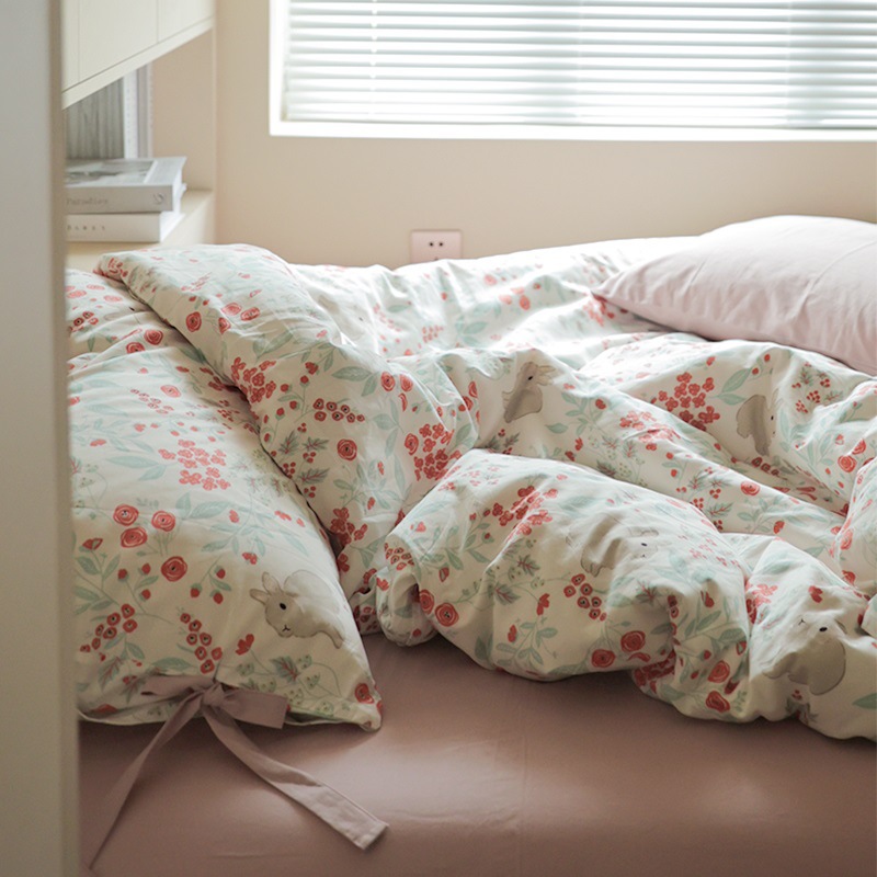 Flower Hare | Original pure cotton 100 four-piece cotton bed sheet quilt cover single floral girl style student dormitory
