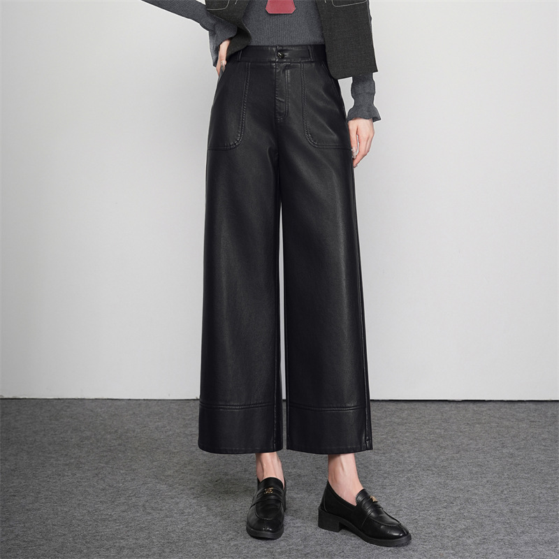 海宁真皮皮裤女2025秋冬九分直筒裤高腰显瘦宽松休闲全皮阔腿裤