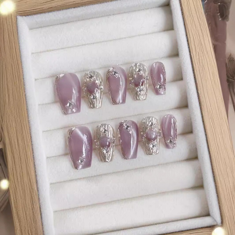Buccellati Wearable Nails Purely Handmade Phototherapy Manicure Patch Finished Wholesale Lilac Crystal Cat Eye High-end Feeling