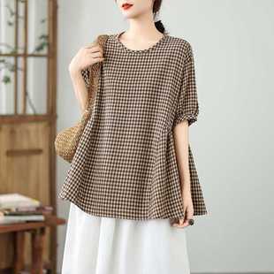 Real Shot of 2025 Summer Cotton and Linen Plaid Mori Girl Babydoll Short-Sleeved Round Neck Top Shirt