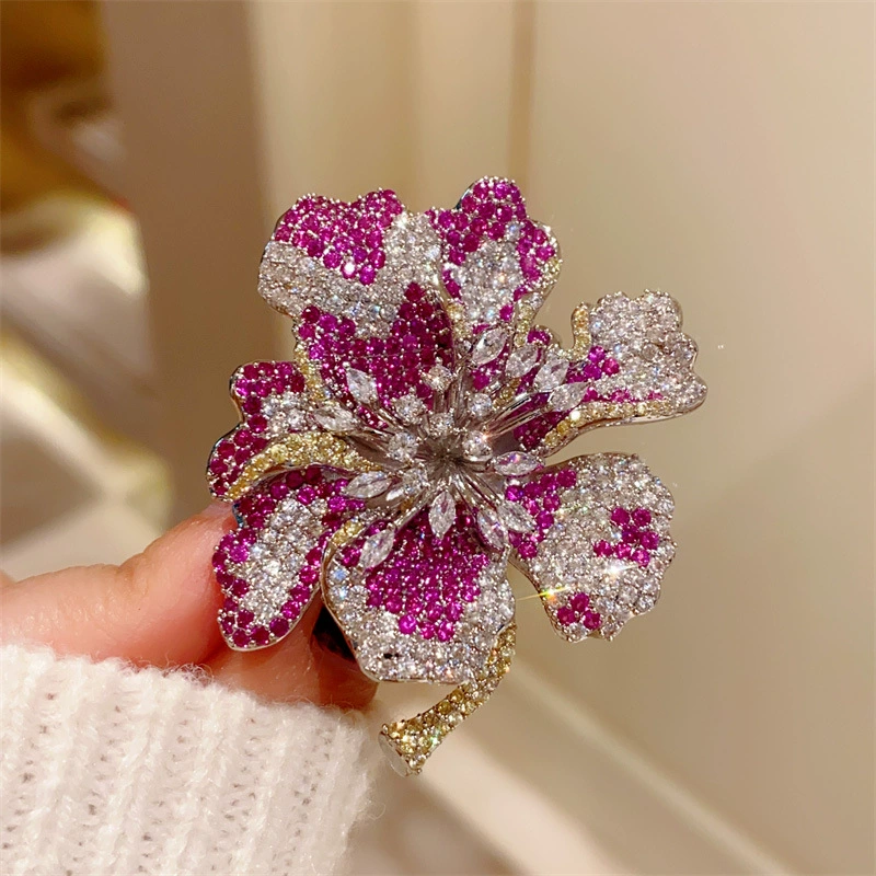 Three dimensional elegant brooch lapel pin, retro pin, diamond encrusted, flowered