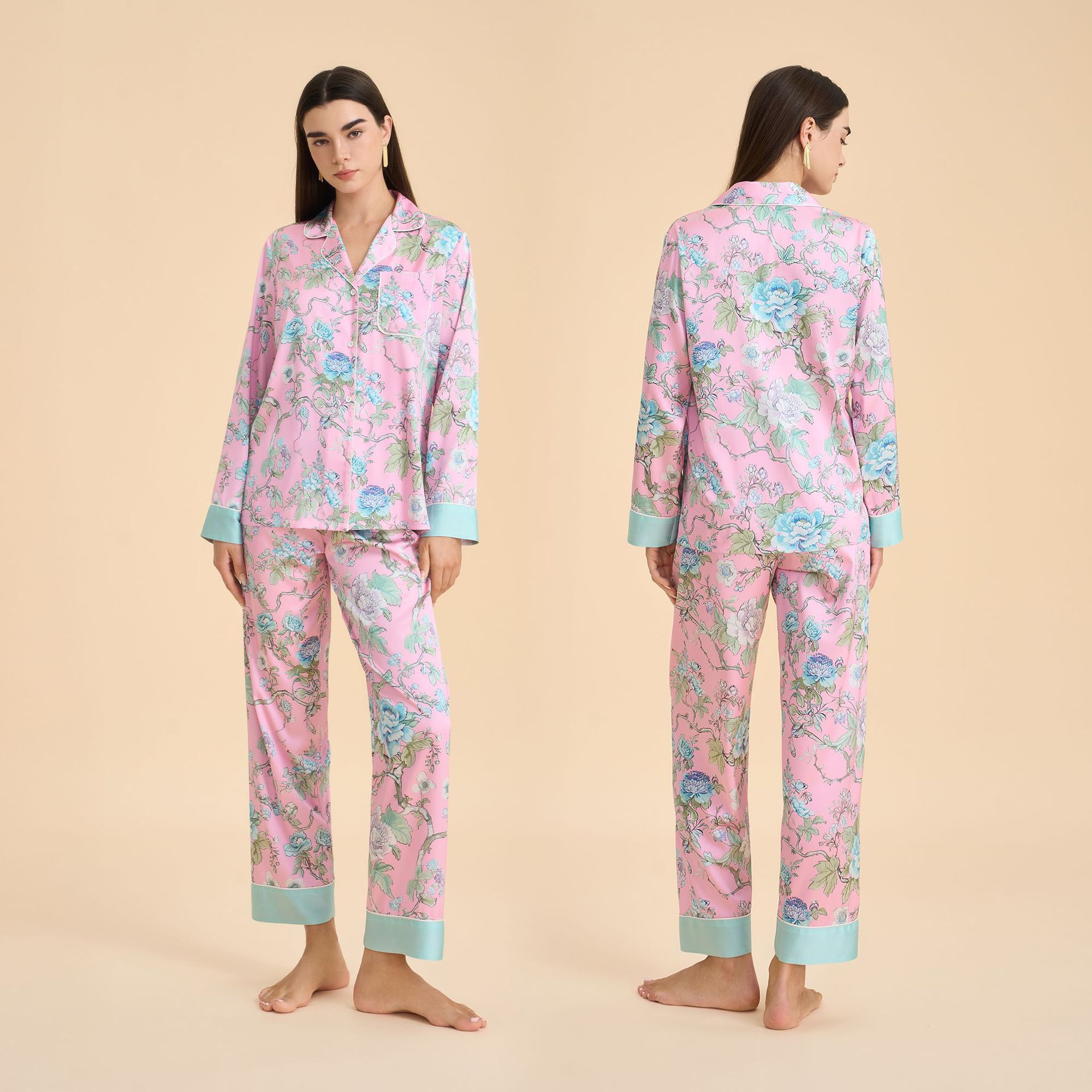 Pijama floral elegante de primavera y otoño para mujeres pantalones de manga larga con solapa delgada ropa casera casual y cómoda TZ4001