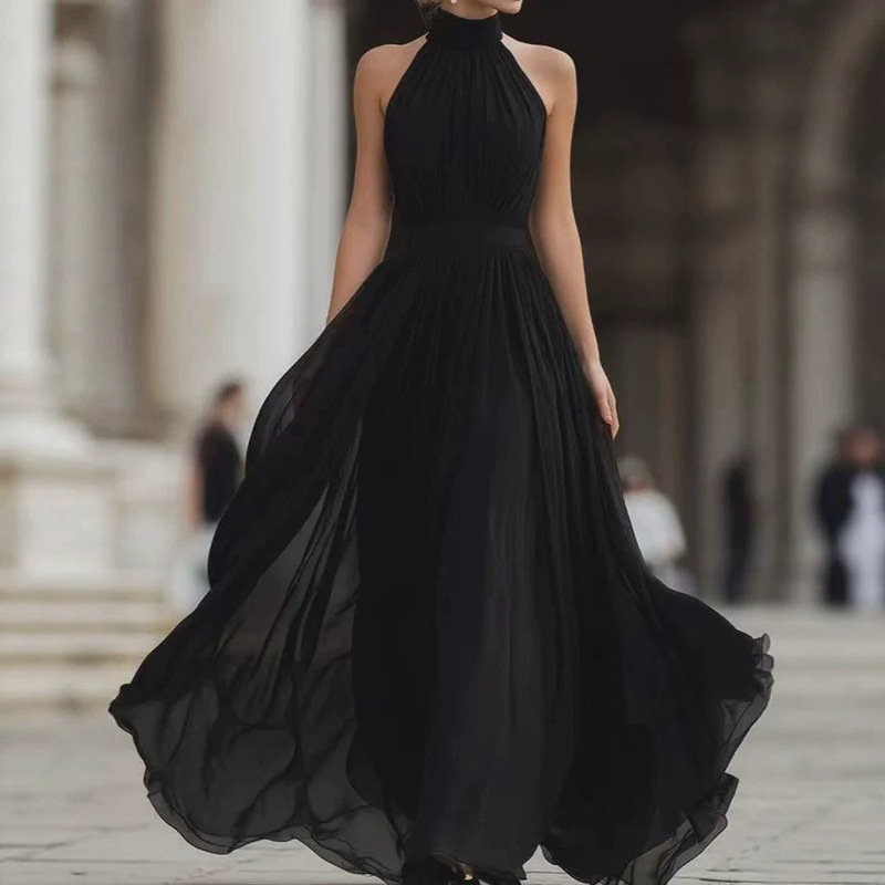 In Stock 2026 Spring New French-Style Elegant High-Neck Long Dress for Women, Waist-Cinching, Slimming, Graceful, Flowing Chiffon Dress