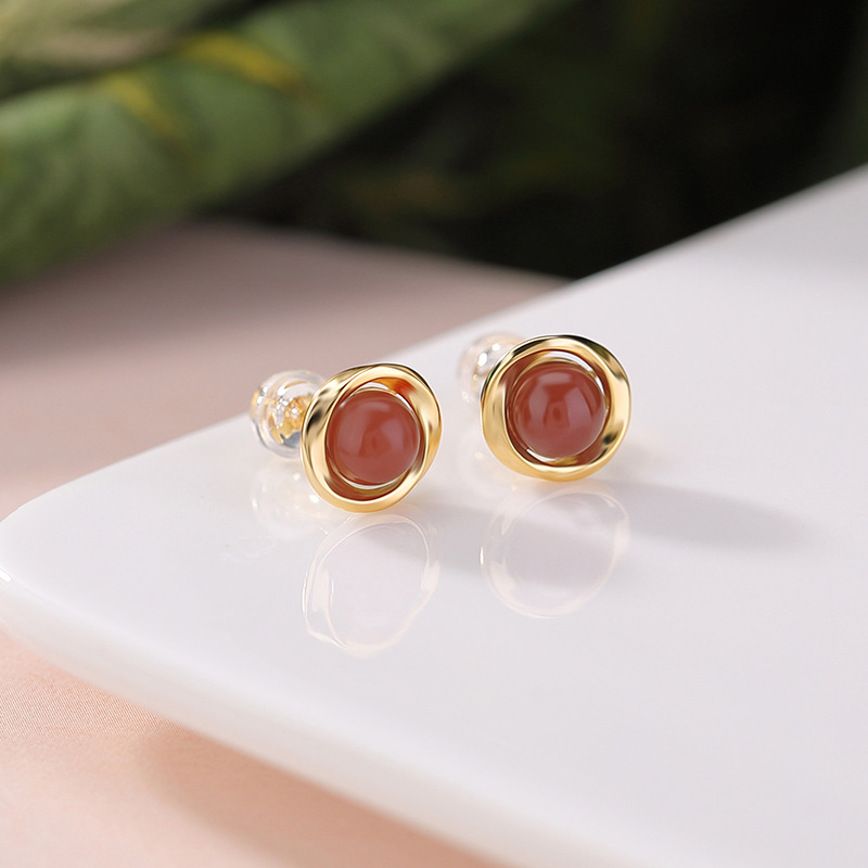 Bông tai đinh tròn Mobius bạc S925 mạ vàng đính đá jasper mã não đỏ — phong cách Nam Hồng