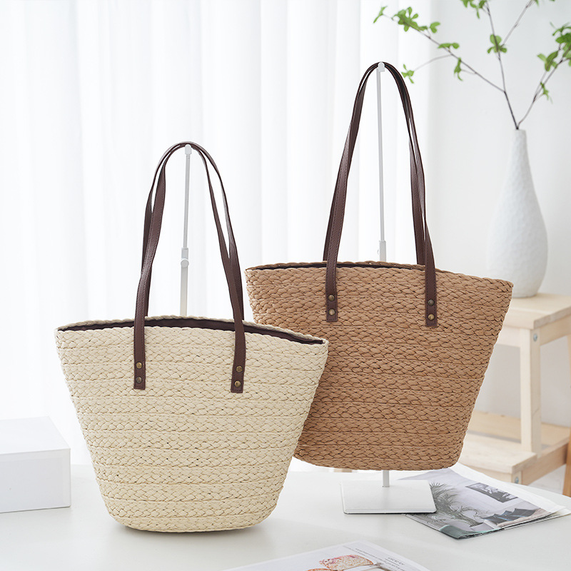 밀짚 어깨 가방 간단한 통근 한국 짠 가방 문학 복고풍 휴가 레저 해변 여성용 가방