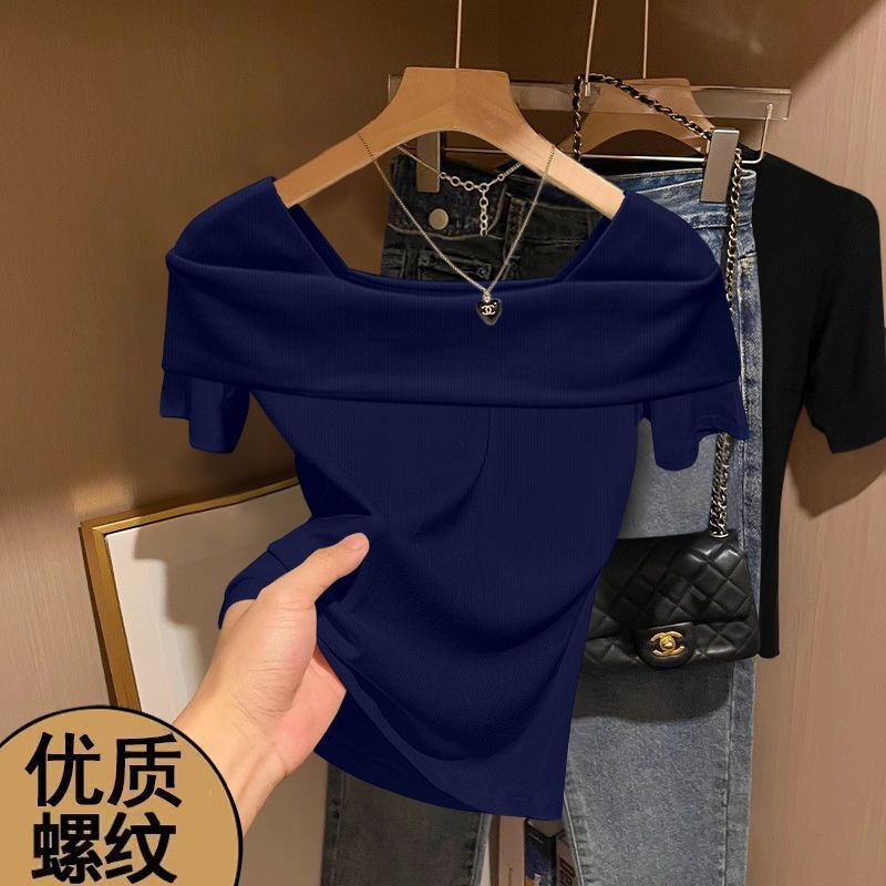 シンプル通勤無地レギュラーフィットワンショルダー半袖トップスインナー韓国風カジュアル体型カバーTシャツレディース|undefined