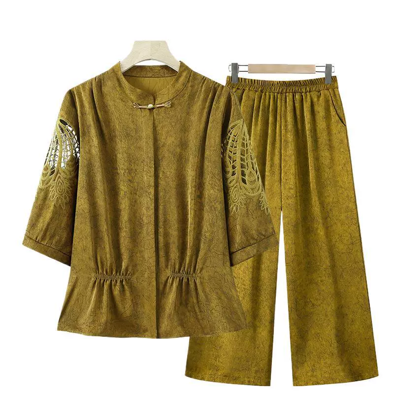 Мама весенний костюм, средний и старый весенний и летний рубашка, имитация шелковая рубашка, новая рубашка из двух частей
