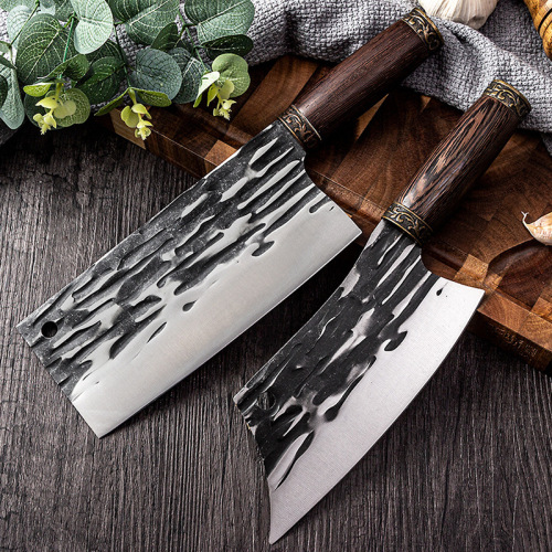Two-piece Kitchen Slicing Knife in Chicken Wing Wood, Vintage Design – Household Chopping & Butchering Knife with Stainless Steel Forged Blade