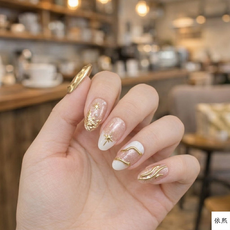 30 Pieces of Cross-Border 3D Gold-Plated French Cat-Eye Gemstone Short Almond-Shaped Gold False Nails Factory Wholesale 30 Pieces of Cross-Border 3D Gold-Plated French Cat-Eye Gemstone Short Almond-Shaped Gold False Nails Factory Wholesale