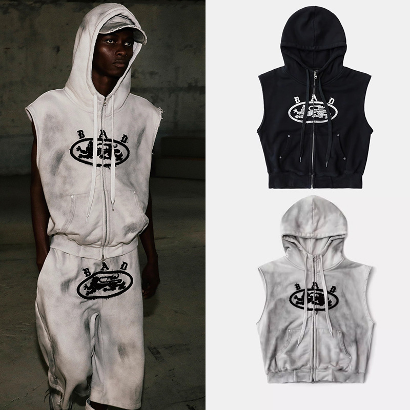 Badblood American Street Style Retro Casual Embroidered Hooded Zipper Vest for Men and Women Casual Outerwear Autumn and Winter Tops