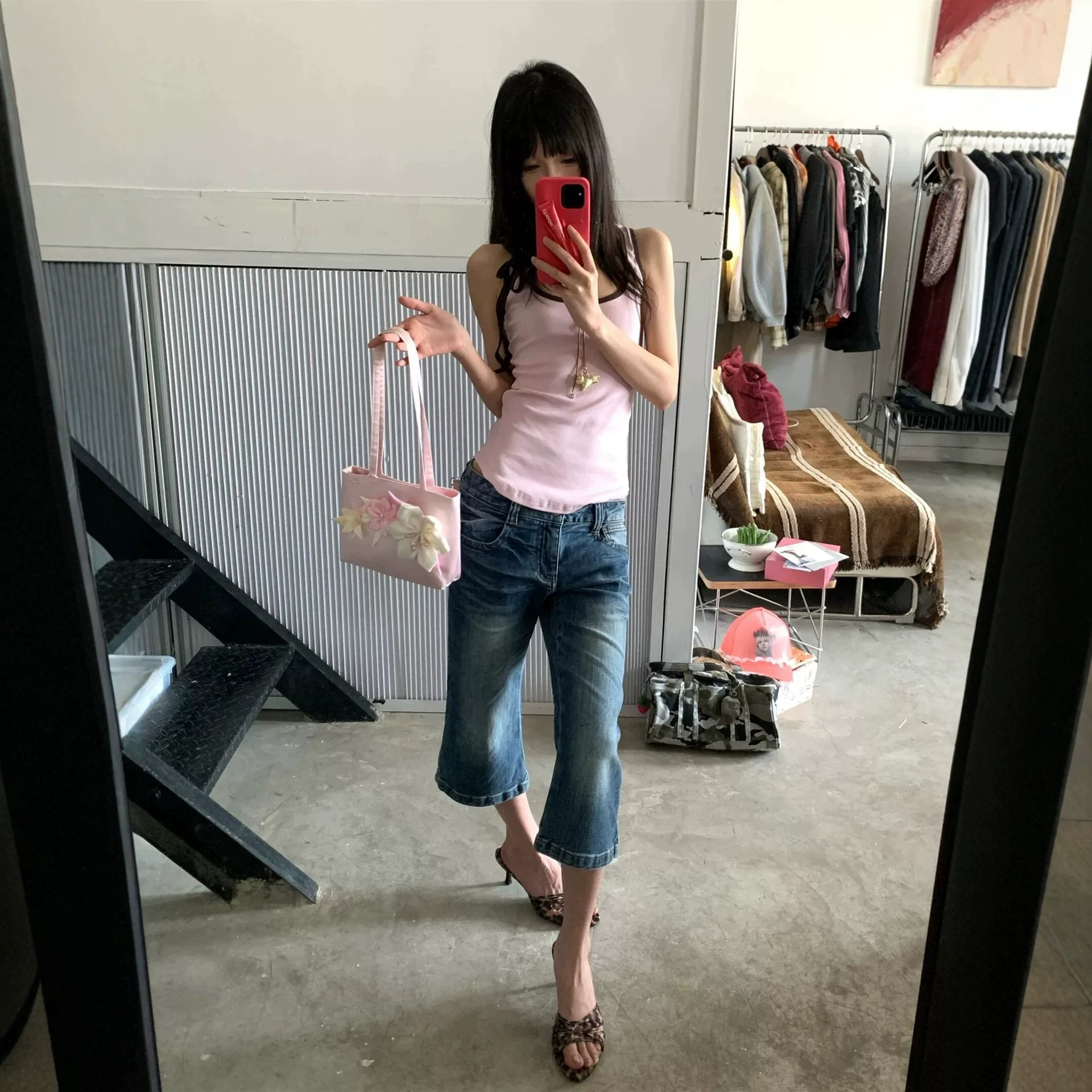 美式复古蓝低腰辣妹六分微喇牛仔裤女夏季宽松显瘦设计感休闲裤子