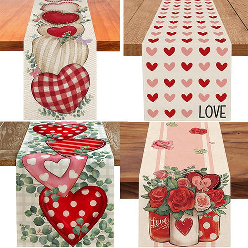 Caminos de mesa transfronterizos para el Día de San Valentín, decoración del hogar de Amazon, mantel de lino con estampado estilo nórdico para sala de estar y comedor