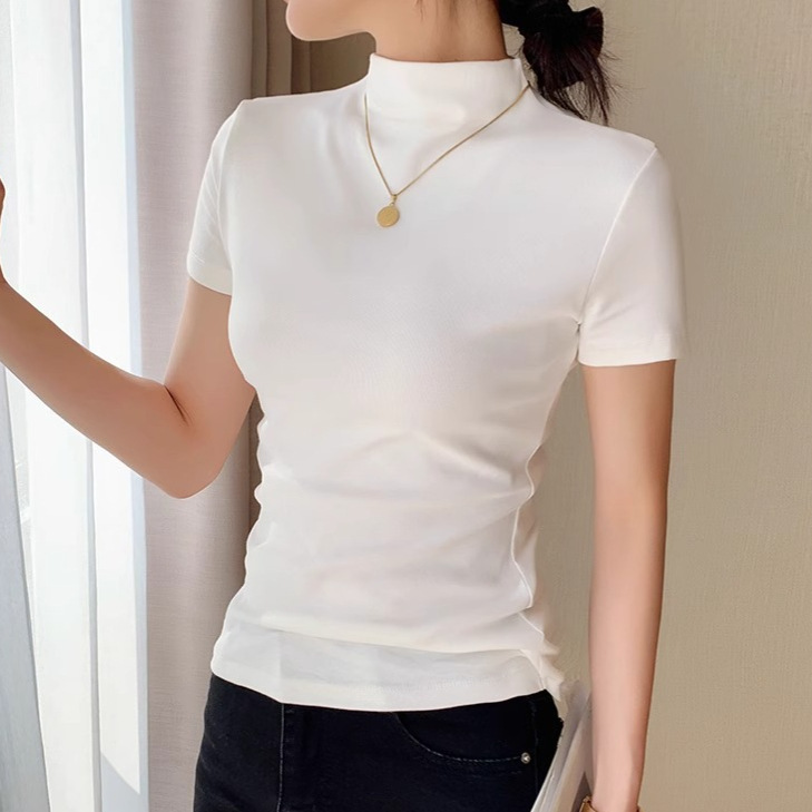女性用ハーフタートルネック半袖ボトムシャツ、春夏秋の薄手の純綿Tシャツ、スリムフィットシャツ、気質半袖トップス|undefined