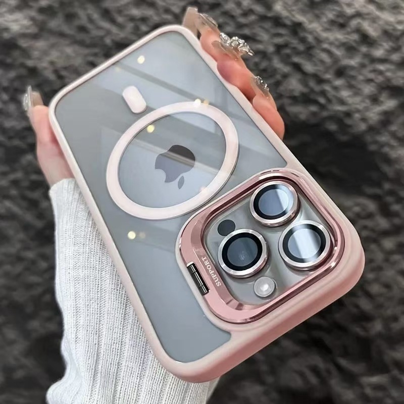 越境対応 Apple 17promax 携帯電話ケース iPhone16 マグネット式レンズスタンド 15 アクリル製耐衝撃カバー|undefined
