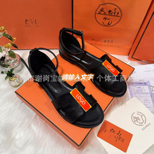 跨境新款H家皮革平底女士凉鞋欧美风非洲外贸时尚搭扣女鞋sandals