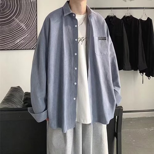 Spring and Autumn Simple and Refined Long-Sleeve Shirt for Men, Hong Kong Style, Versatile Loose Casual Collared Shirt with Design Sense, Streetwear Hip-Hop Trend