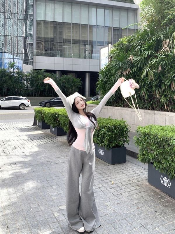 假两件撞色拼接长袖t恤女秋季绑带设计感修身韩系氛围感早秋上衣|undefined