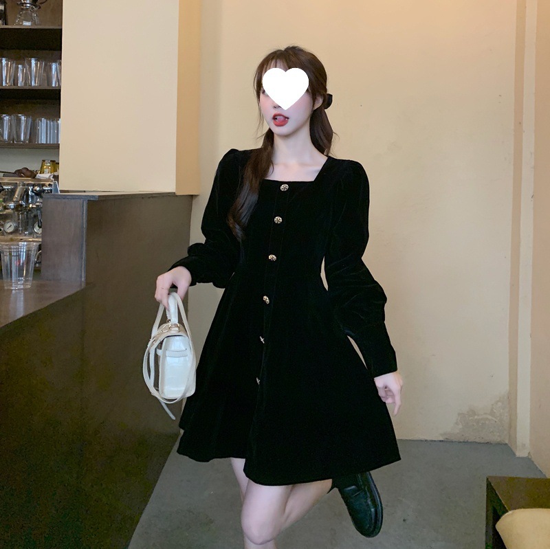 chubby girl French dress Autumn Winter 2023 Spring Elegant Square Collar Bubble Sleeve Velvet dress Hepburn Style A