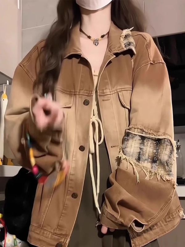 美式高街破洞贴布牛仔外套女潮牌春秋宽松慵懒风休闲工装夹克上衣|undefined