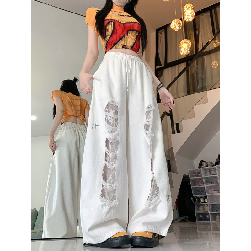 街舞潮牌贴布破洞牛仔裤女跳舞长裤设计感爵士辣妹休闲裤潮|undefined