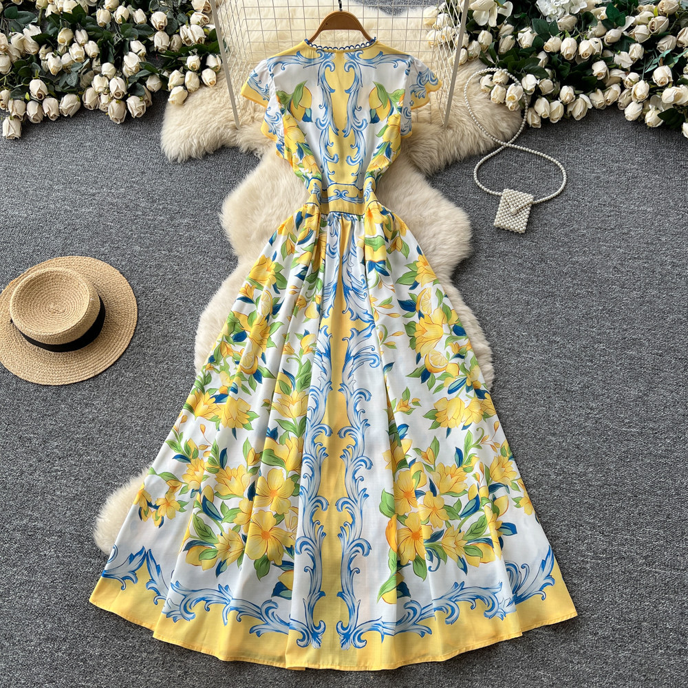 Women's European American Retro V Neck Dress Lace Trimmed Floral Print Fitted Waist Long Skirt Elegant Spring Autumn Wear_ecoleips.com