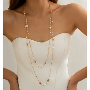 European and American Cross-border Elegant Imitation Pearl Stacked Long Necklace Women's Retro Ethnic Style Instagram Star Tassel Woolen Chain