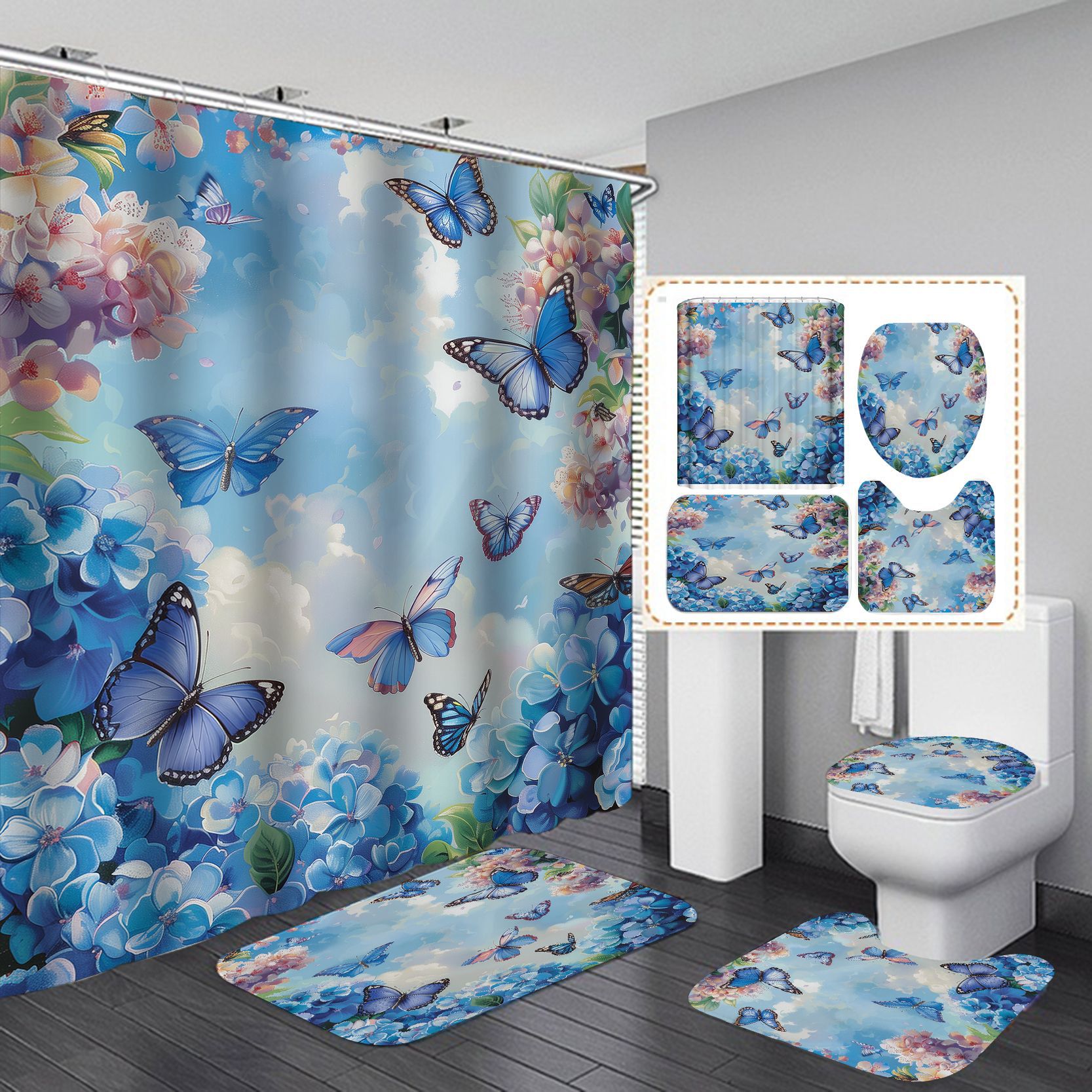 Flor de mariposa impresa cortina de baño a prueba de agua a prueba de moho nuevo tipo de tela retro sin perforación baño cortina de baño