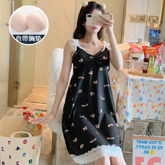 Ropa para el hogar de las mujeres con almohadilla para el pecho nueva correa pijamas camisón de las mujeres de media longitud de encaje de verano dulce princesa estilo