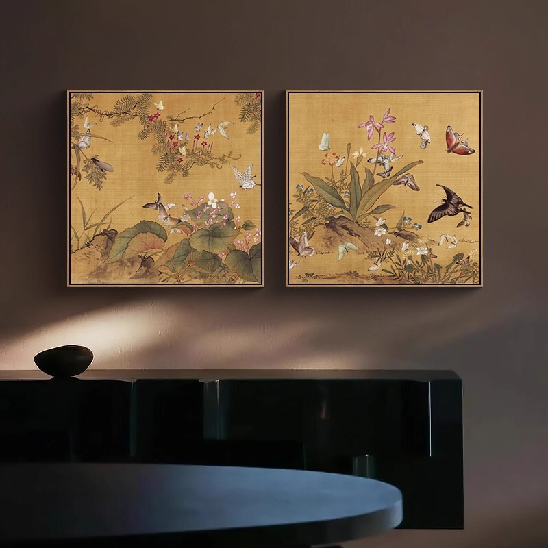 百蝶图挂画新中式茶室墙壁装饰画餐厅中古风正方形蝴蝶入户玄关画|undefined