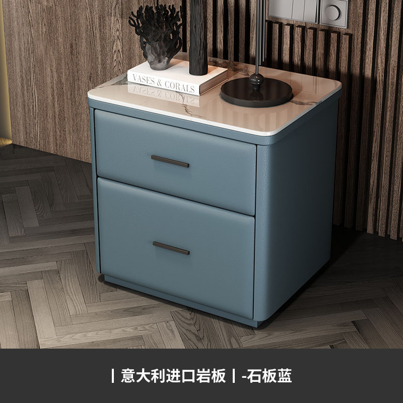 슬레이트 블루 솔리드 우드 프레임 마이크로 화이버 가죽 + 록 플레이트 테이블 탑