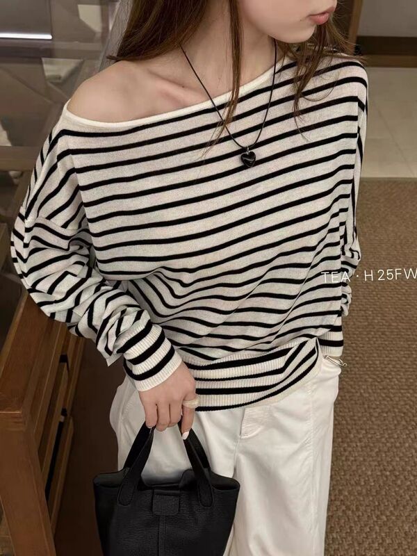 European Station 2025 Early Autumn New Off-Shoulder Long Sleeve Striped Loose Versatile Knit Sweater Top for Women Trendy European Station 2025 Early Autumn New Off-Shoulder Long Sleeve Striped Loose Versatile Knit Sweater Top for Women Trendy