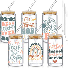 定制16oz跨境爆款吸管可乐杯竹盖高硼硅玻璃杯教师节日系列uv打印