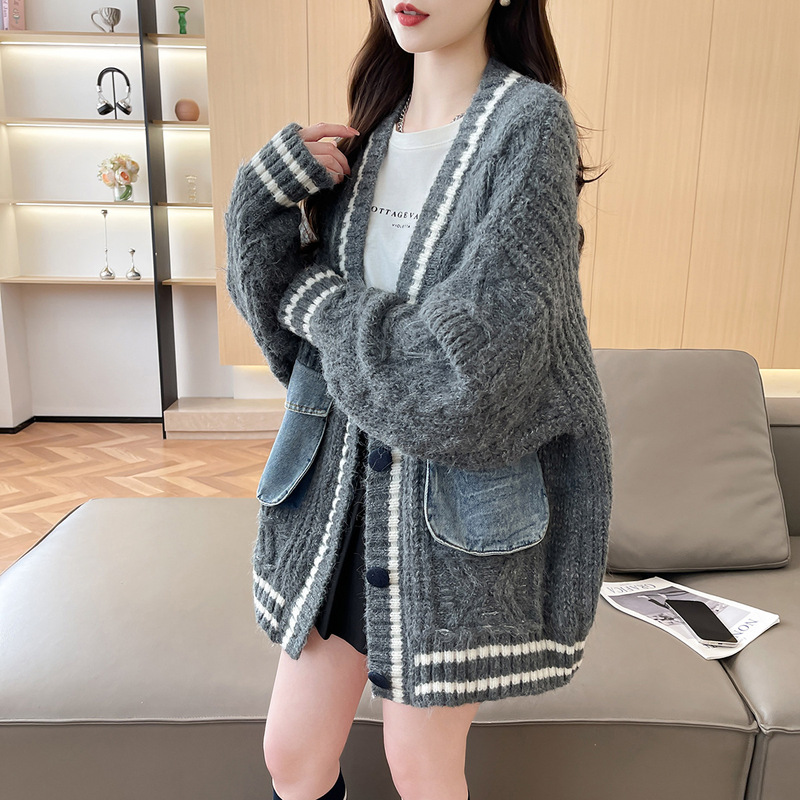 欧韩秋冬新款设计感美式复古嘻哈牛仔拼接针织外套女百搭毛衣开衫|undefined