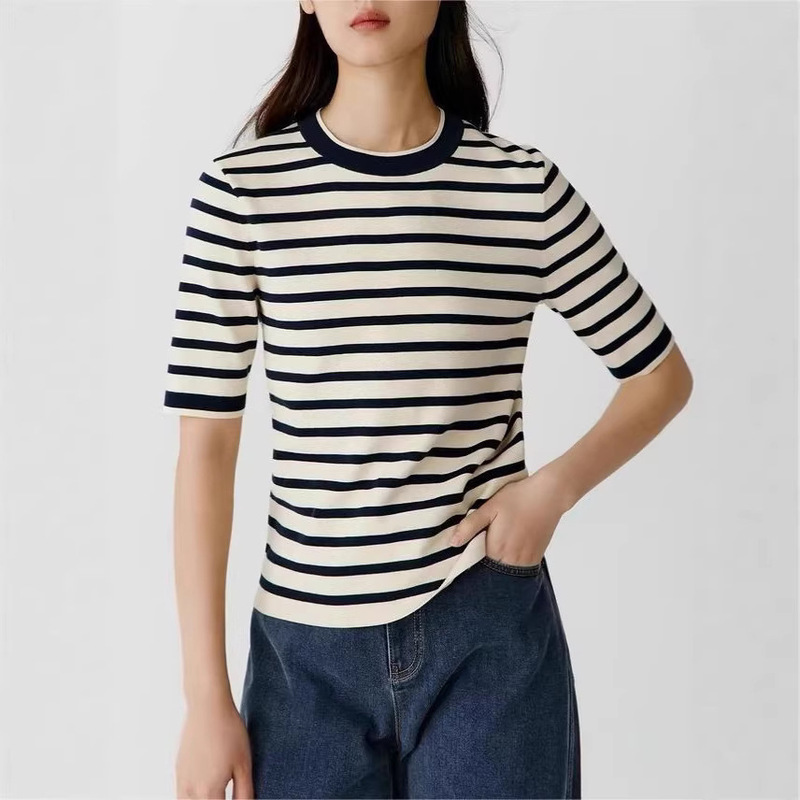 Xiaohe 16-Needle Ultra-Fine Cotton Casual Navy Blue Stripesd Knitwear Women's Spring and Summer Thin Pullover Top 2572