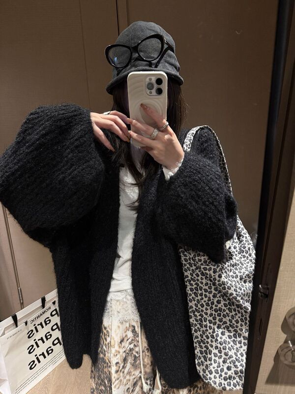 慵懒风毛衣外套女秋冬新款高级感百搭休闲宽松灯笼袖针织开衫上衣|undefined