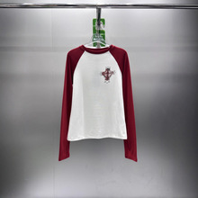 ch25秋冬新款烫钻印花十字架圆领加绒撞色插肩袖打底衫T恤