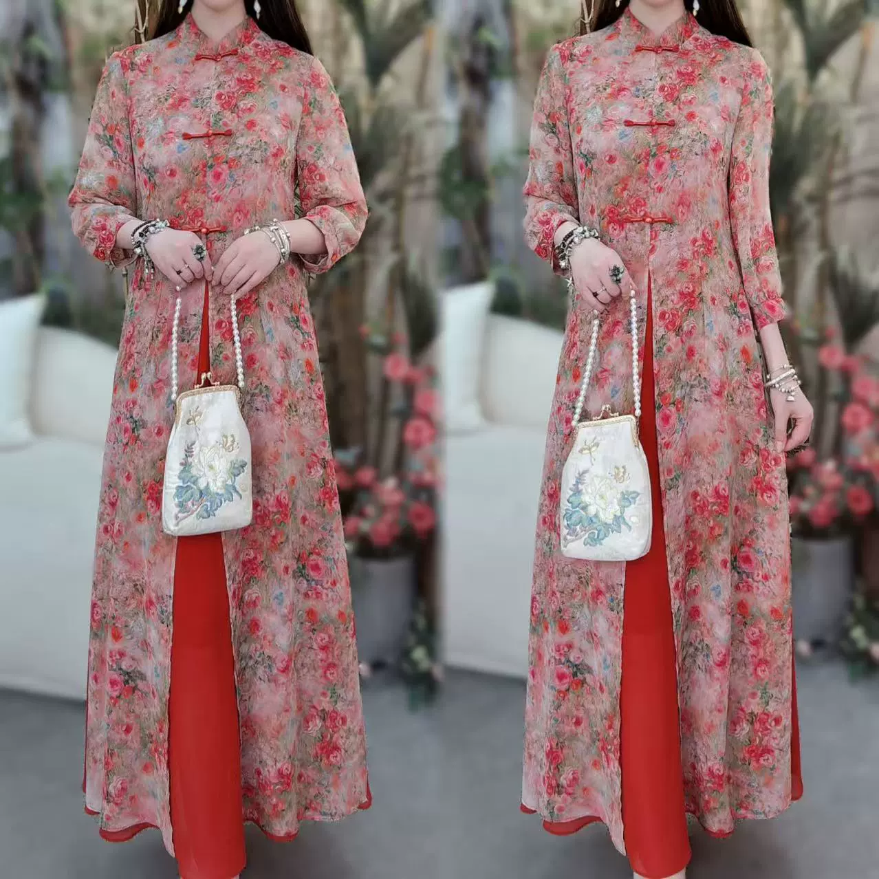 Новое улучшенное облегающее платье Ao Dai в китайском стиле, элегантное платье-чонсам для мамы с цветком пионов, летнее длинное платье в китайском стиле