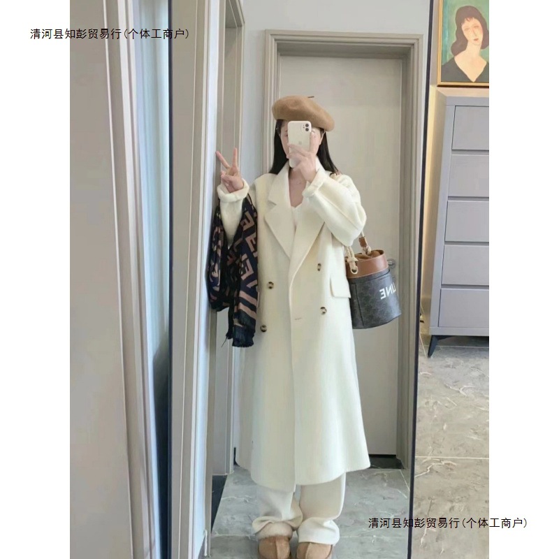 海盐玫瑰韩系婴驼绒双排扣中长款双面羊毛大衣女秋冬新款白色2025