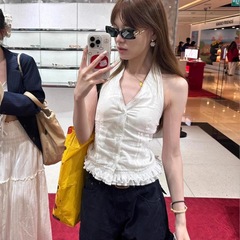 【原版布料】高级感蕾丝花边白色V领挂脖女夏小众设计感收腰短上